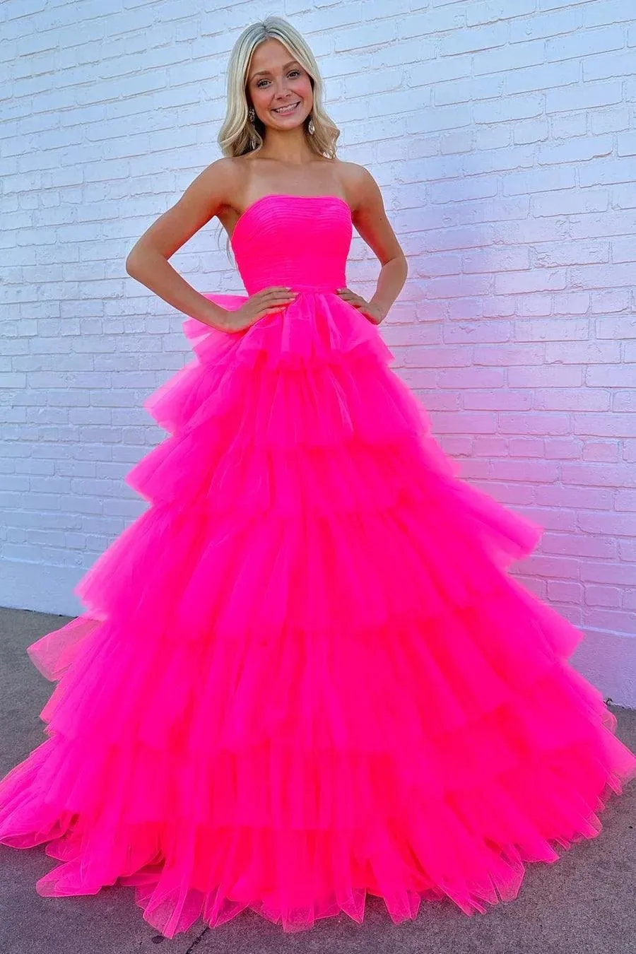 White Strapless Tiered A-Line Long Prom Dress with Ruffles  PSK410