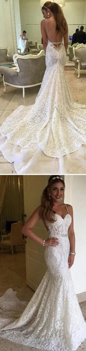 White Sweetheart Lace Mermaid Spaghetti Open Back Wedding Dresses, MW259