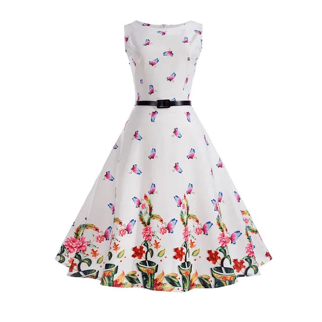 Women 50s 60s Retro Vintage Dress Summer Floral Print Rockabilly Swing Robe Femme Vestidos Sexy Party Audrey Dresses With Belt