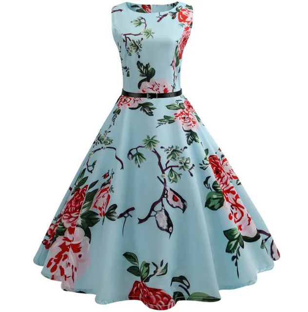 Women 50s 60s Retro Vintage Dress Summer Floral Print Rockabilly Swing Robe Femme Vestidos Sexy Party Audrey Dresses With Belt