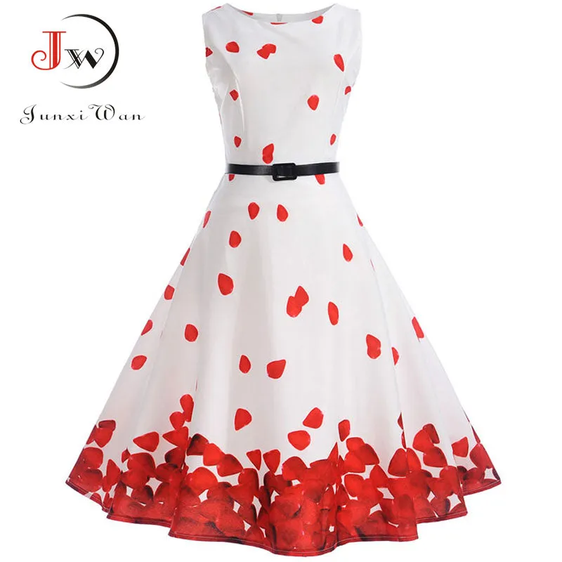 Women 50s 60s Retro Vintage Dress Summer Floral Print Rockabilly Swing Robe Femme Vestidos Sexy Party Audrey Dresses With Belt