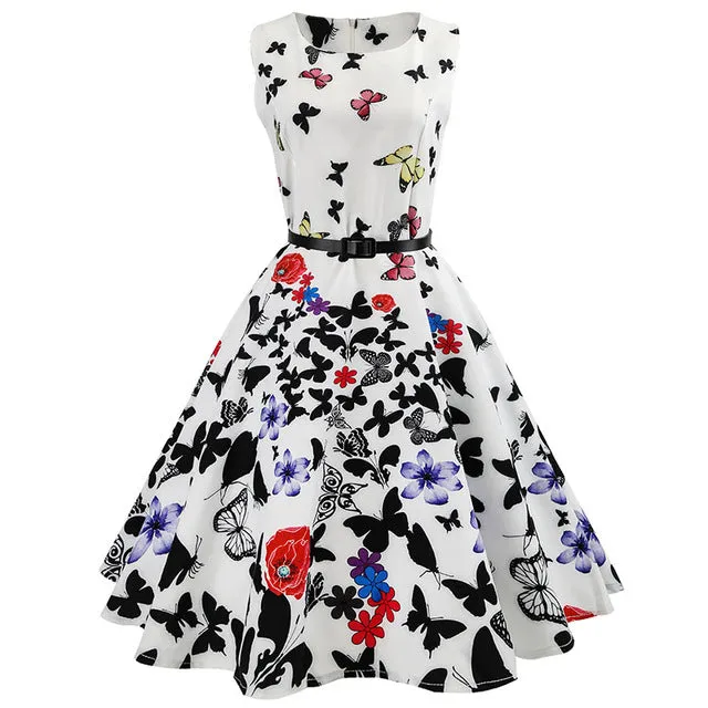 Women 50s 60s Retro Vintage Dress Summer Floral Print Rockabilly Swing Robe Femme Vestidos Sexy Party Audrey Dresses With Belt