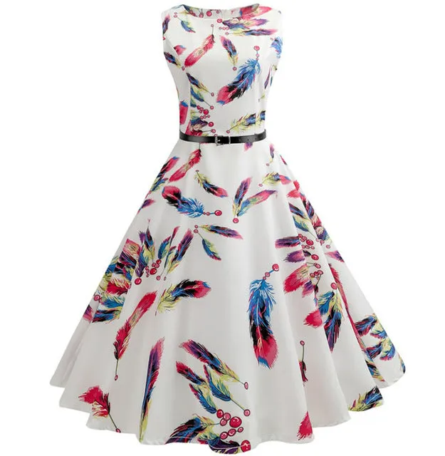 Women 50s 60s Retro Vintage Dress Summer Floral Print Rockabilly Swing Robe Femme Vestidos Sexy Party Audrey Dresses With Belt