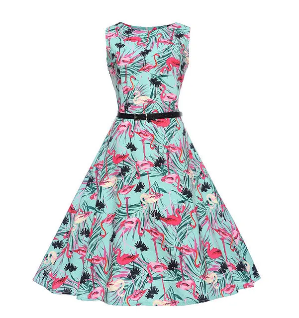 Women 50s 60s Retro Vintage Dress Summer Floral Print Rockabilly Swing Robe Femme Vestidos Sexy Party Audrey Dresses With Belt