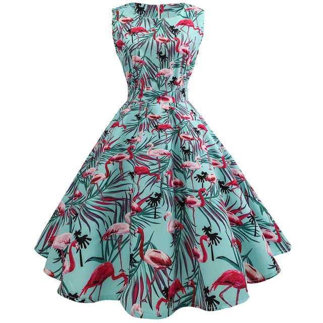 Women 50s 60s Retro Vintage Dress Summer Floral Print Rockabilly Swing Robe Femme Vestidos Sexy Party Audrey Dresses With Belt