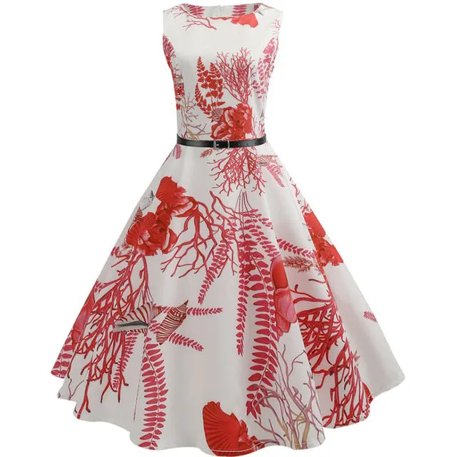 Women 50s 60s Retro Vintage Dress Summer Floral Print Rockabilly Swing Robe Femme Vestidos Sexy Party Audrey Dresses With Belt