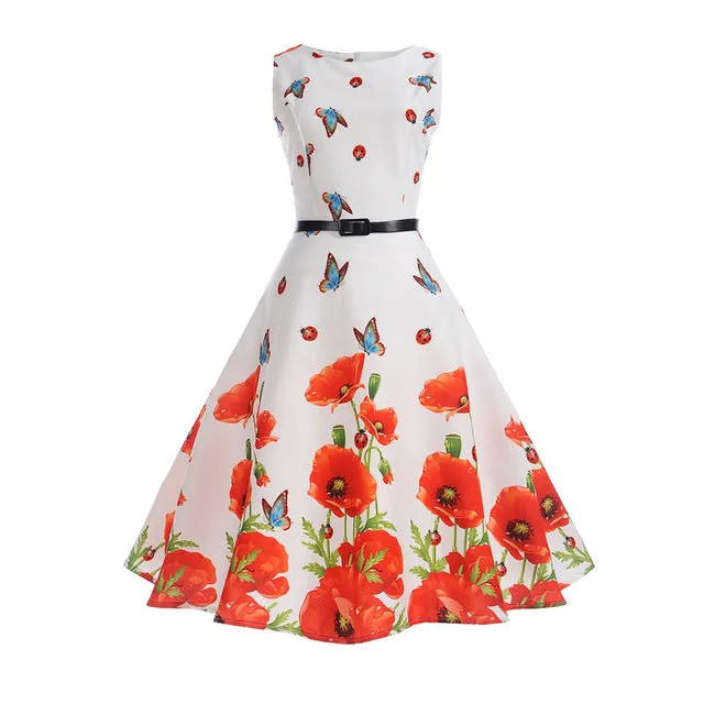 Women 50s 60s Retro Vintage Dress Summer Floral Print Rockabilly Swing Robe Femme Vestidos Sexy Party Audrey Dresses With Belt