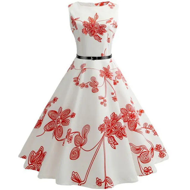 Women 50s 60s Retro Vintage Dress Summer Floral Print Rockabilly Swing Robe Femme Vestidos Sexy Party Audrey Dresses With Belt