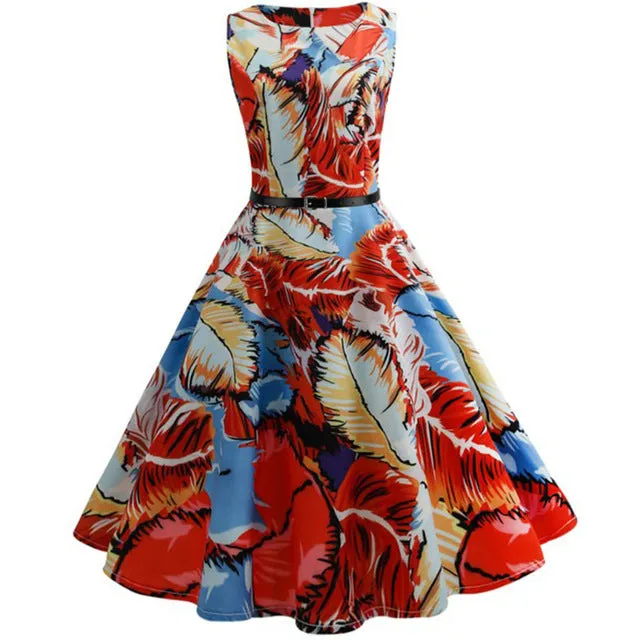 Women 50s 60s Retro Vintage Dress Summer Floral Print Rockabilly Swing Robe Femme Vestidos Sexy Party Audrey Dresses With Belt