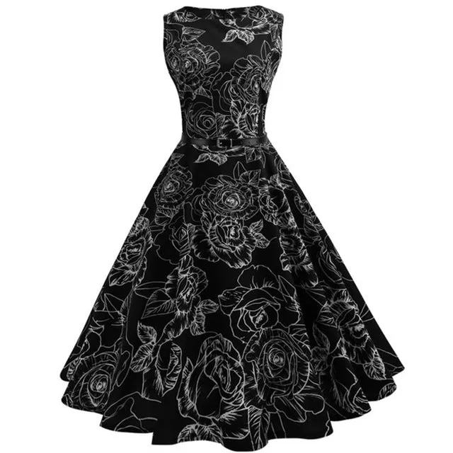 Women 50s 60s Retro Vintage Dress Summer Floral Print Rockabilly Swing Robe Femme Vestidos Sexy Party Audrey Dresses With Belt