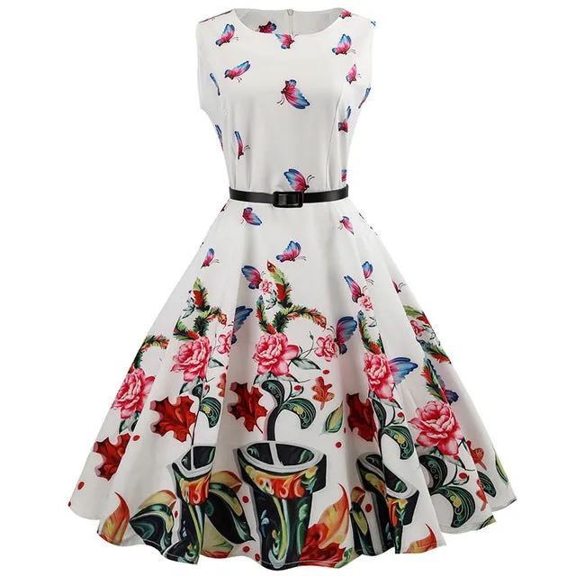 Women 50s 60s Retro Vintage Dress Summer Floral Print Rockabilly Swing Robe Femme Vestidos Sexy Party Audrey Dresses With Belt