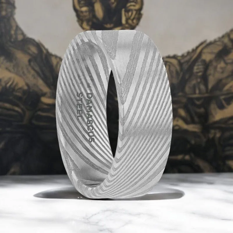 XANDER | Silver Damascus Steel Ring, Vivid Etched Design, Flat
