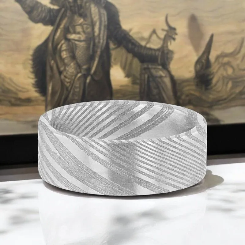 XANDER | Silver Damascus Steel Ring, Vivid Etched Design, Flat