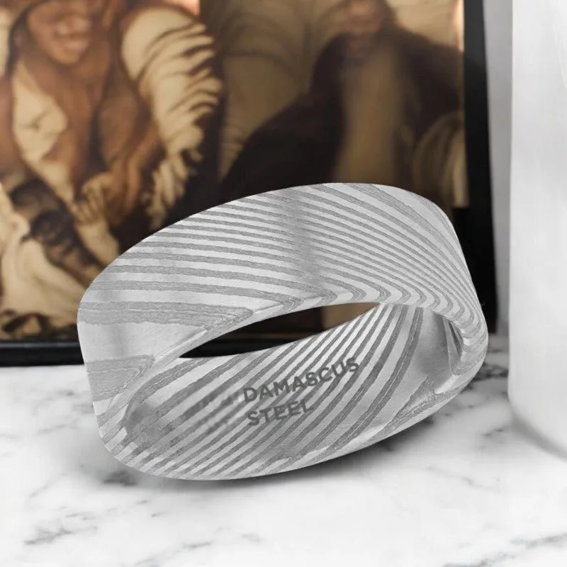 XANDER | Silver Damascus Steel Ring, Vivid Etched Design, Flat
