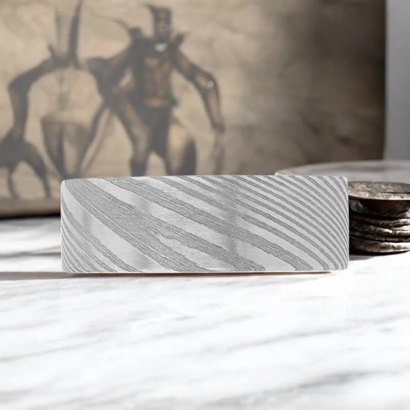 XANDER | Silver Damascus Steel Ring, Vivid Etched Design, Flat