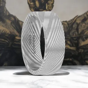 XANDER | Silver Damascus Steel Ring, Vivid Etched Design, Flat
