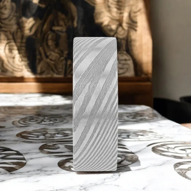 XANDER | Silver Damascus Steel Ring, Vivid Etched Design, Flat