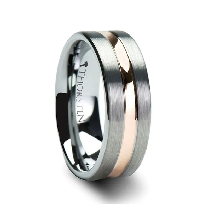 ZEUS | Silver Tungsten Ring, Rose Gold Groove, Flat