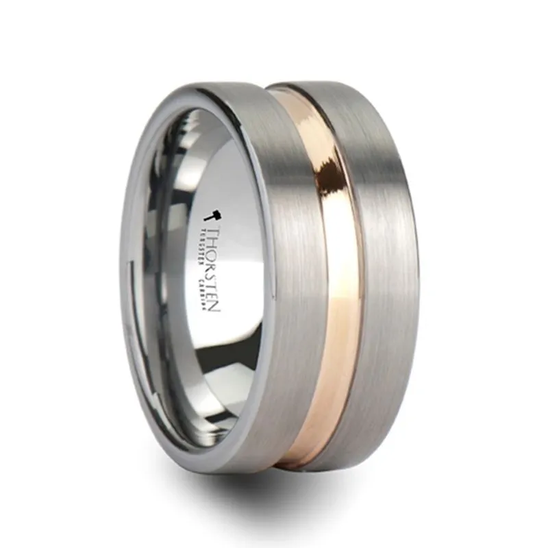 ZEUS | Silver Tungsten Ring, Rose Gold Groove, Flat