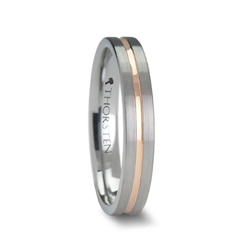 ZEUS | Silver Tungsten Ring, Rose Gold Groove, Flat