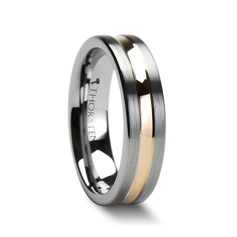 ZEUS | Silver Tungsten Ring, Rose Gold Groove, Flat